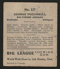 1936 V355 World Wide Gum #127 George Puccinelli Baltimore Orioles - Back