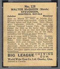 1936 V355 World Wide Gum #128 “Stevie” Stevenson Montreal Royals - Back