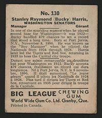 1936 V355 World Wide Gum #130 “Bucky” Harris Washington Senators - Back