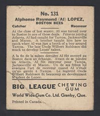 1936 V355 World Wide Gum #131 Al Lopez Boston Bees - Back