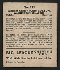 1936 V355 World Wide Gum #133 Cliff Bolton Washington Senators - Back