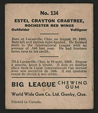 1936 V355 World Wide Gum #134 Estel Crabtree Rochester Red Wings - Back