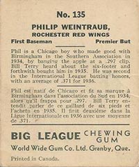 1936 V355 World Wide Gum #135 Philip Weintraub Rochester Red Wings - Back