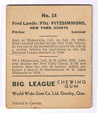1936 V355 World Wide Gum #14 Fred Fitzsimmons New York Giants - Back