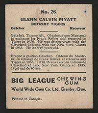 1936 V355 World Wide Gum #26 Glenn Myatt Detroit Tigers - Back