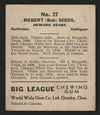 1936 V355 World Wide Gum #27 Bob Seeds Newark Bears - Back