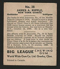 1936 V355 World Wide Gum #28 Jimmy Ripple New York Giants - Back