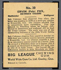 1936 V355 World Wide Gum #30 Pete Fox Detroit Tigers - Back