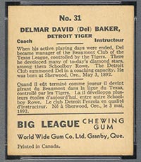1936 V355 World Wide Gum #31 Del Baker Detroit Tigers - Back