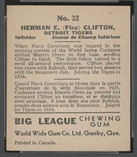 1936 V355 World Wide Gum #32 “Flea” Clifton Detroit Tigers - Back