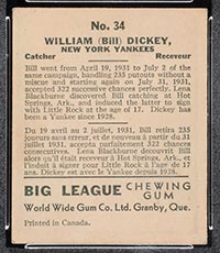 1936 V355 World Wide Gum #34 Bill Dickey New York Yankees - Back