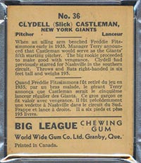1936 V355 World Wide Gum #36 “Slick” Castleman New York Giants - Back