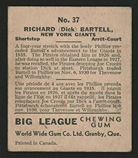 1936 V355 World Wide Gum #37 Dick Bartell New York Giants - Back