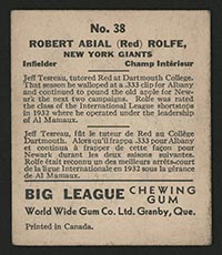 1936 V355 World Wide Gum #38 “Red” Rolfe New York Giants - Back