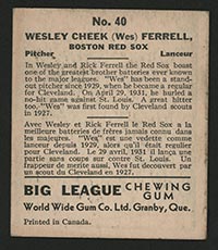 1936 V355 World Wide Gum #40 Wes Ferrell Boston Red Sox - Back