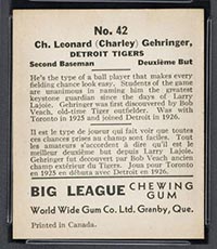 1936 V355 World Wide Gum #42 Charlie Gehringer Detroit Tigers - Back