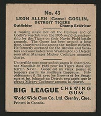 1936 V355 World Wide Gum #43 “Goose” Goslin Detroit Tigers - Back