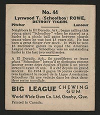 1936 V355 World Wide Gum #44 “Schoolboy” Rowe Detroit Tigers - Back