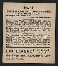 1936 V355 World Wide Gum #46 Joe Cronin Boston Red Sox - Back