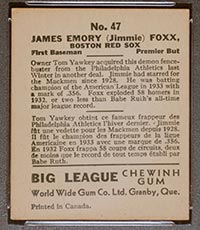 1936 V355 World Wide Gum #47 Jimmy (Jimmie) Foxx Boston Red Sox - Back