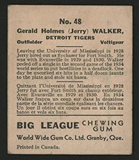1936 V355 World Wide Gum #48 Jerry Walker Detroit Tigers - Back