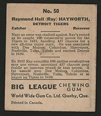 1936 V355 World Wide Gum #50 Roy (Ray) Hayworth Detroit Tigers - Back