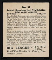 1936 V355 World Wide Gum #51 Joe DiMaggio New York Yankees - Back