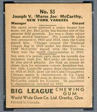 1936 V355 World Wide Gum #53 Joe McCarthy New York Yankees - Back