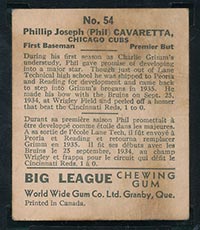 1936 V355 World Wide Gum #54 Phil Cavaretta Chicago Cubs - Back