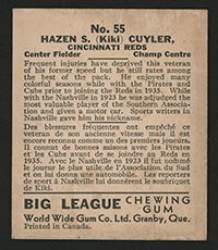 1936 V355 World Wide Gum #55 “Ki-Ki” Cuyler Cincinnati Reds - Back