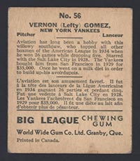 1936 V355 World Wide Gum #56 “Lefty” Gomez New York Yankees - Back