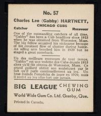 1936 V355 World Wide Gum #57 Gabby Hartnett Chicago Cubs - Back