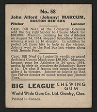 1936 V355 World Wide Gum #58 Johnny Marcum Boston Red Sox - Back