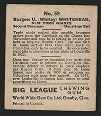 1936 V355 World Wide Gum #59 Burgess Whitehead New York Giants - Back