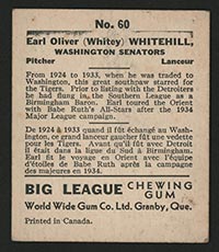 1936 V355 World Wide Gum #60 “Whitey” Whitehill Washington Senators - Back