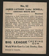 1936 V355 World Wide Gum #62 Luke Sewell Chicago White Sox - Back