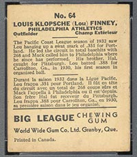 1936 V355 World Wide Gum #64 Lou Finney Philadelphia Athletics - Back