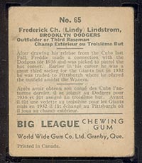 1936 V355 World Wide Gum #65 Fred Lindstrom Brooklyn Dodgers - Back