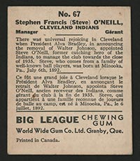 1936 V355 World Wide Gum #67 Steve O’Neil Cleveland Indians - Back