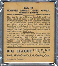 1936 V355 World Wide Gum #69 “Freck” Owen Detroit Tigers - Back