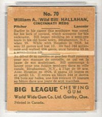 1936 V355 World Wide Gum #70 “Wild Bill” Hallahan Cincinnati Reds - Back