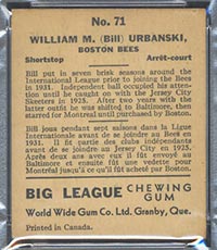 1936 V355 World Wide Gum #71 Bill Urbanski Boston Bees - Back