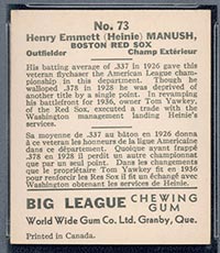 1936 V355 World Wide Gum #73 “Heinie” Manush Boston Red Sox - Back