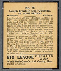 1936 V355 World Wide Gum #76 Joe Vosmik St. Louis Browns - Back