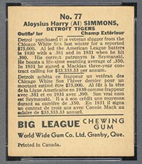 1936 V355 World Wide Gum #77 Al Simmons Detroit Tigers - Back
