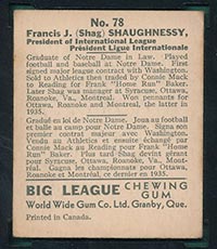 1936 V355 World Wide Gum #78 Shag Shaughnessy President of International League - Back
