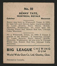 1936 V355 World Wide Gum #80 Benny Tate Montreal Royals - Back