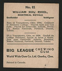 1936 V355 World Wide Gum #81 Billy Rhiel Montreal Royals - Back