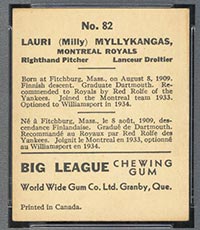 1936 V355 World Wide Gum #82 Lauri Myllykangas Montreal Royals - Back