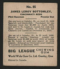 1936 V355 World Wide Gum #85 Jim Bottomley Cincinnati Reds - Back
